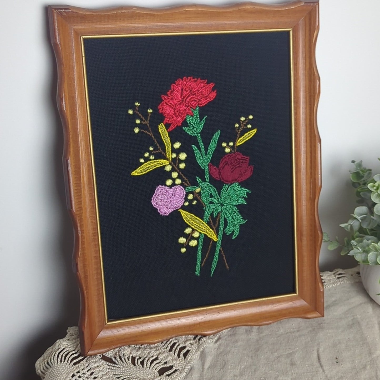 Vintage Floral Crewel Embroidery Framed Art, Romantic Cottage Wall  Art