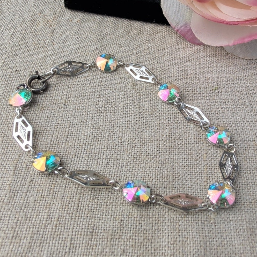 Vintage Mid-Century Sterling Silver Filigree Bracelet Aurora Borealis Crystals
