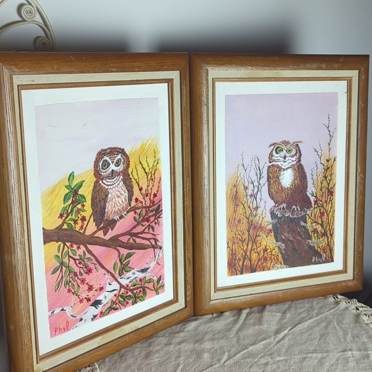 Vintage 1992 Owl Painting Set Papa & Mama Owl Acrylic Art Folk Woodland Cottage