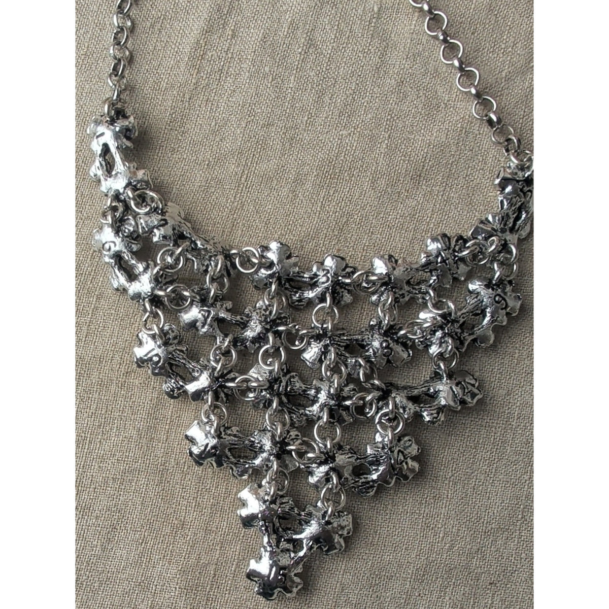 Victorian Style Floral Bib Necklace Antique Silver Tone Rhinestone Dark Romantic