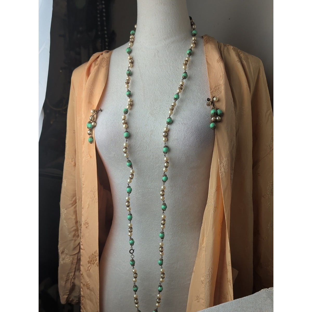 Vintage Seafoam Green Bead Glass Pearl Filigree Necklace & Screw Back Earrings