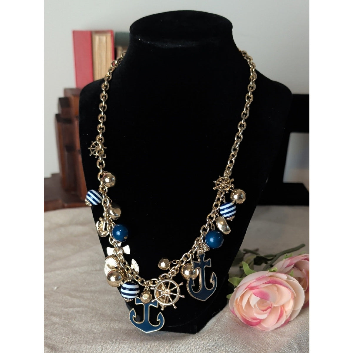 Vintage Y2K Nautical Charm Necklace Gold Tone Anchors Ship Wheel Coastal