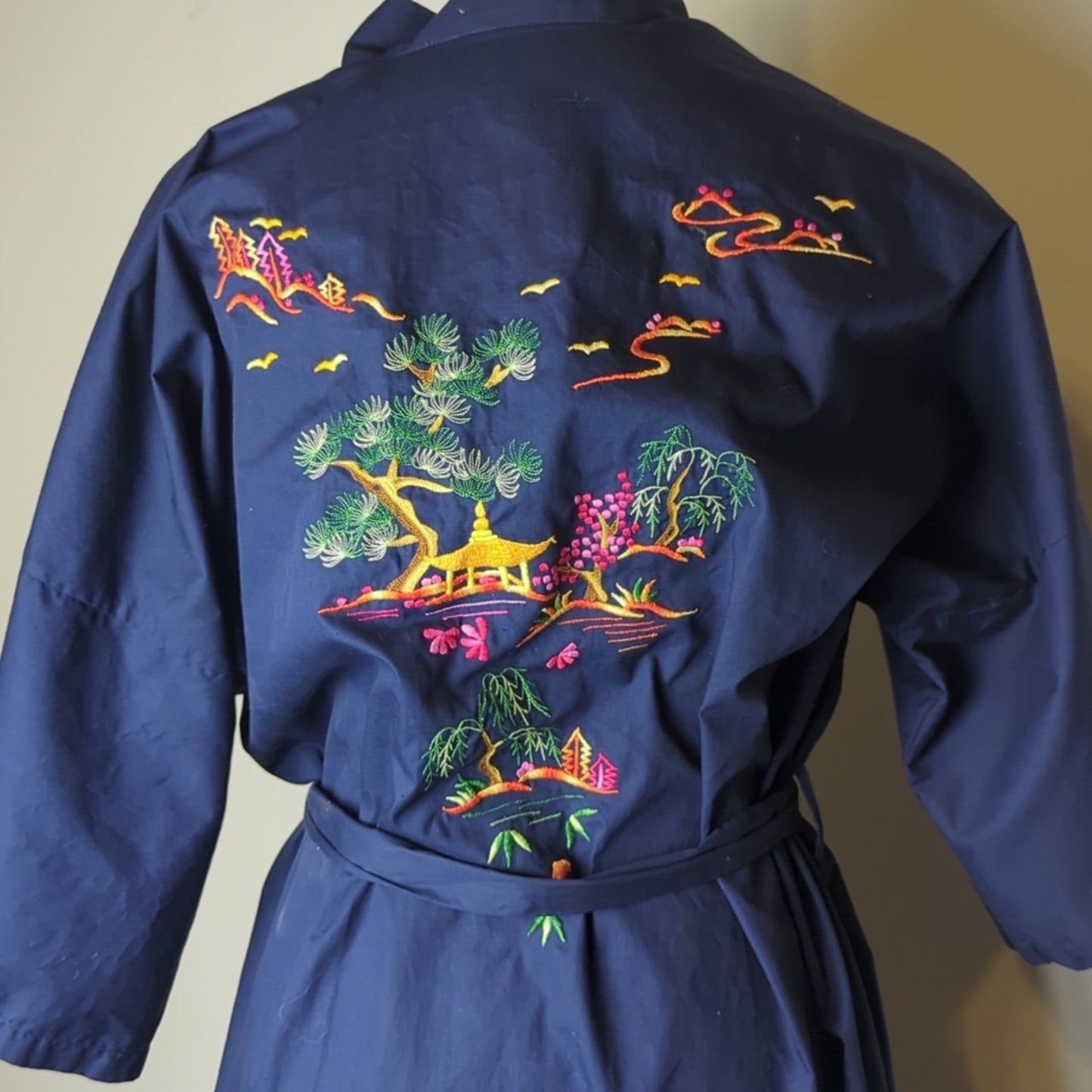Vintage Japanese-Inspired Kimono Robe Navy Wrap Duster  Embroidered Pockets