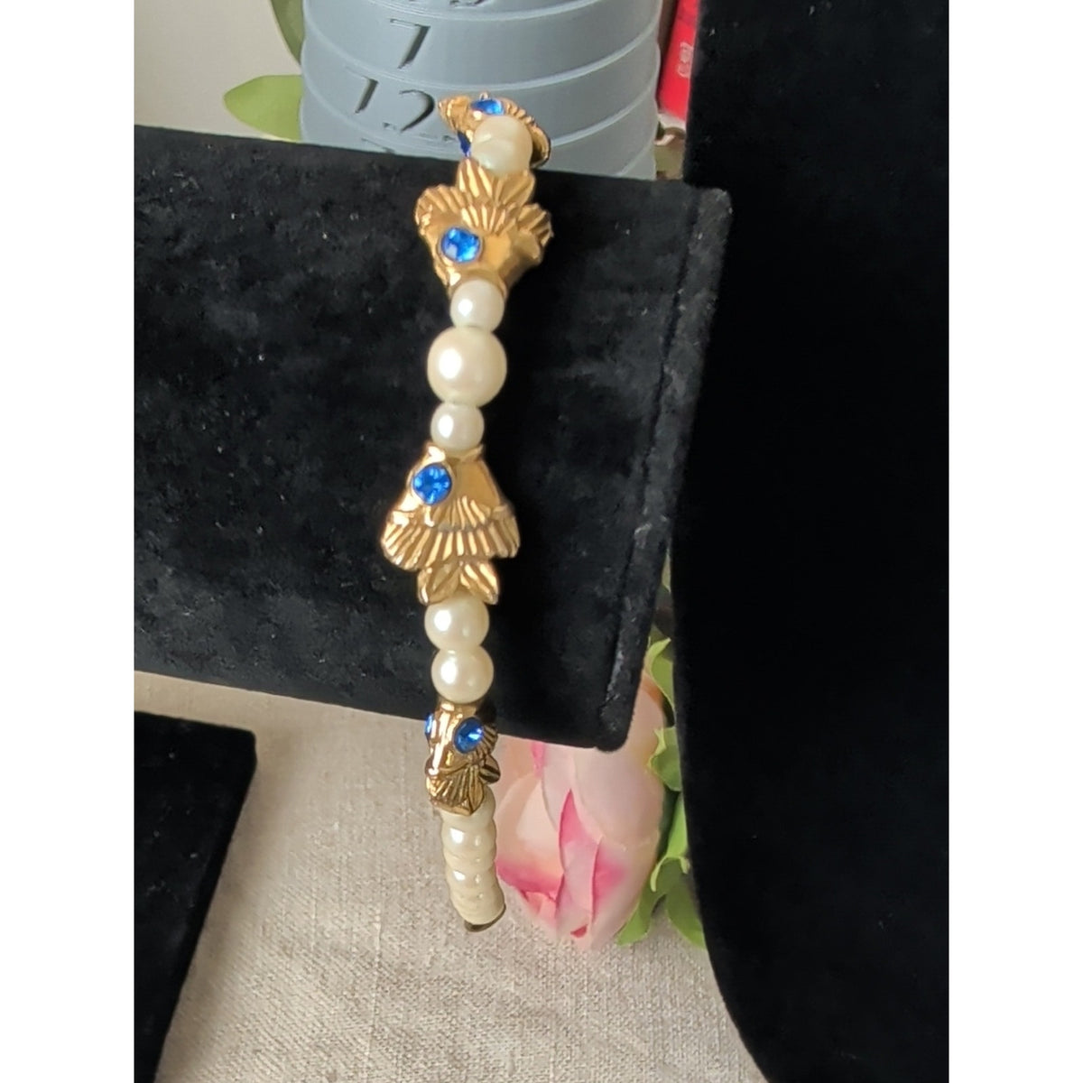 Vintage Figural Fish Faux Pearl Bracelet Sapphire Blue Rhinestone Gold Tone