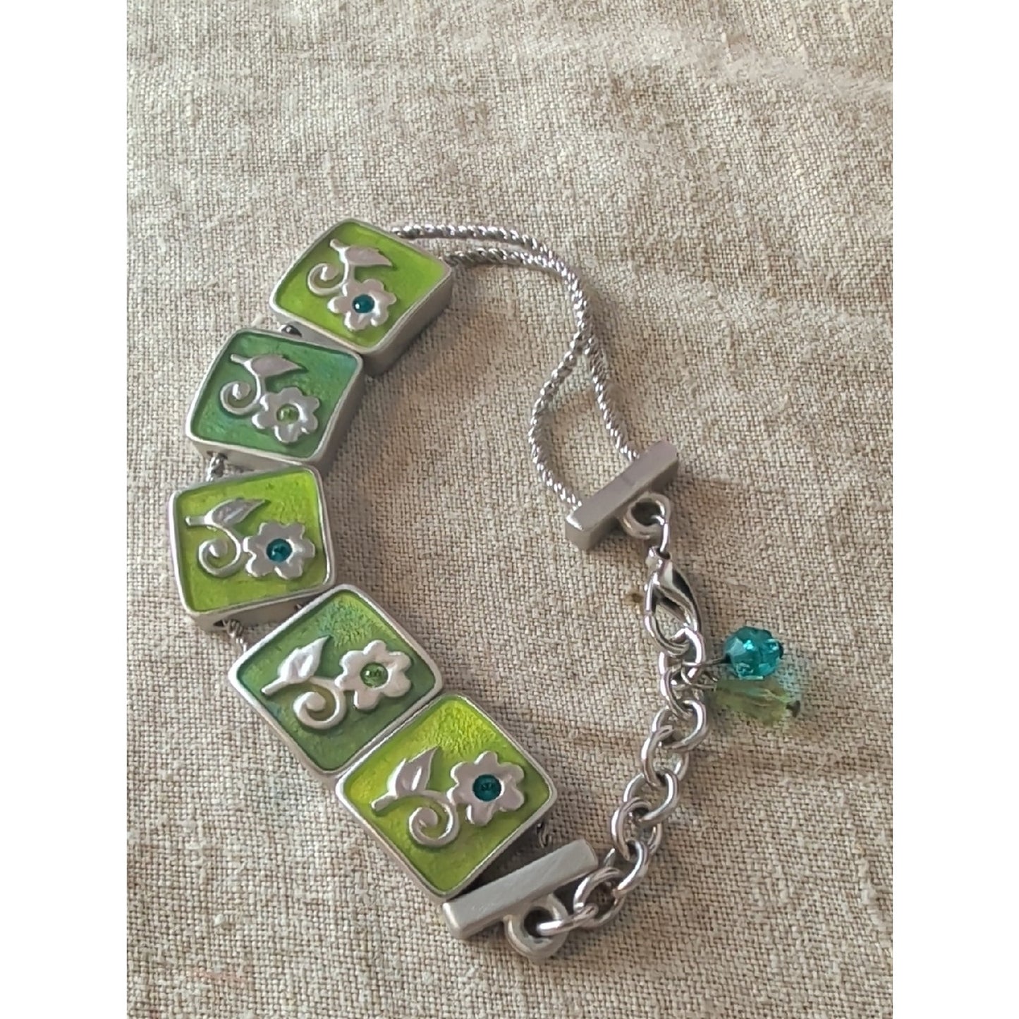 Vintage Bob Mackie Enamel Flower Bracelet Green Silver Tone