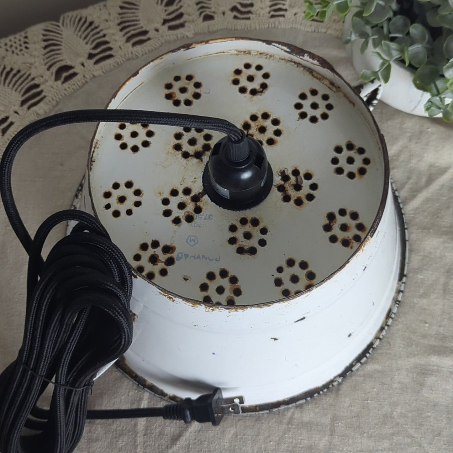 Vintage Enamel Colander Pendant Lamp Rustic Farmhouse Light w/ New Fixture