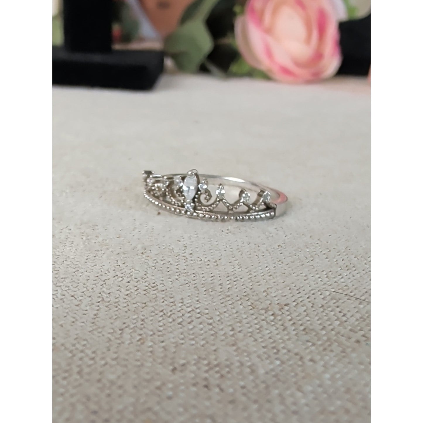 925 Sterling Silver Princess Tiara Crown Ring CZ Size 9.5