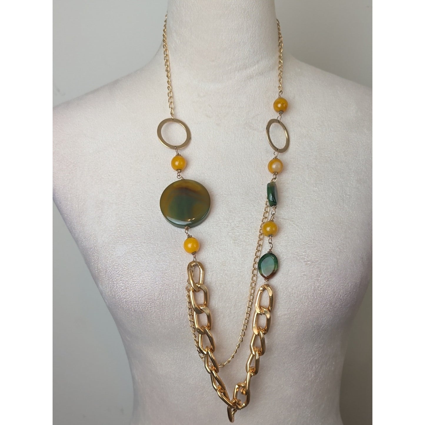 Gold Tone Statement Necklace with Genuine Green Agate & Glass Beads Asymmetric
