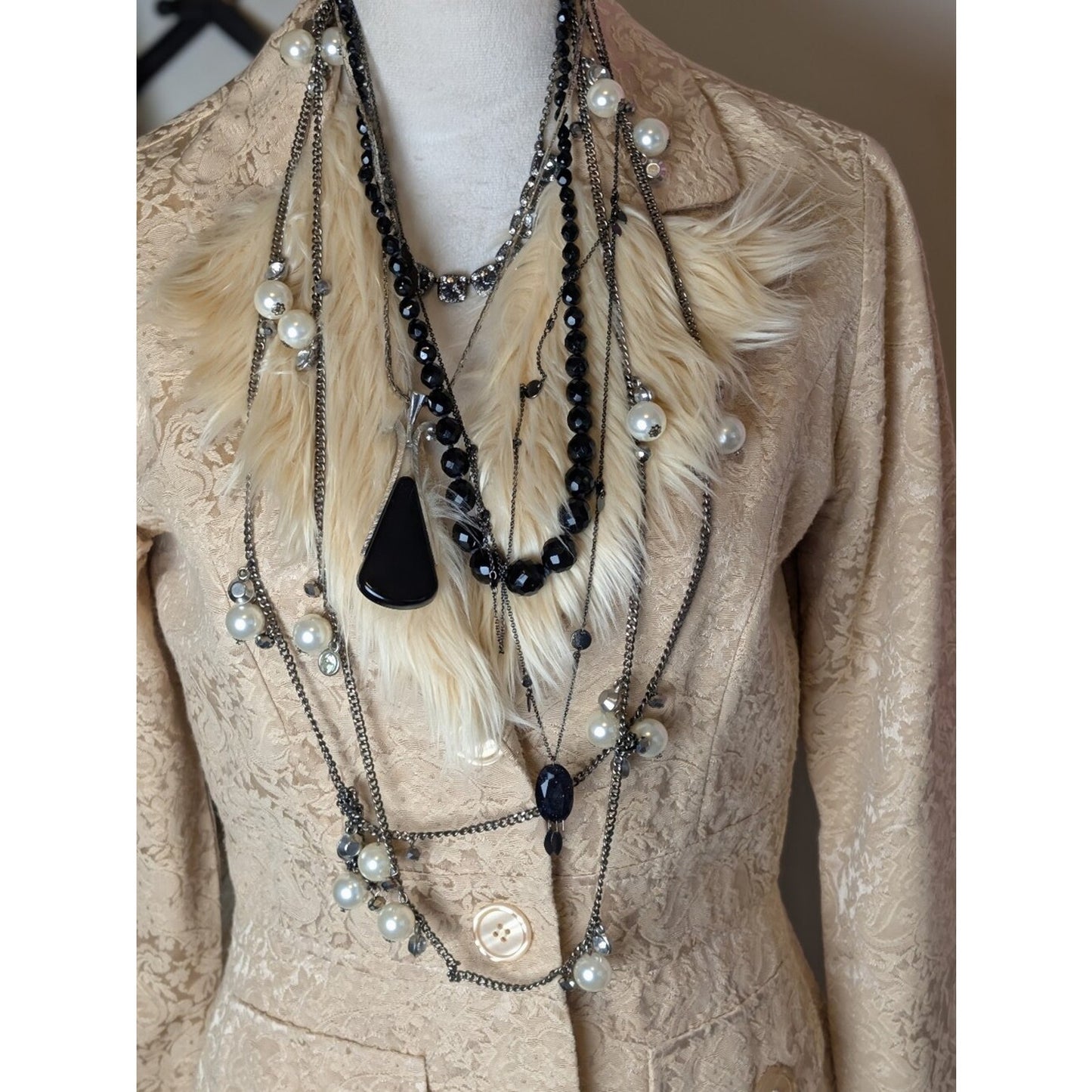 Y2K Cream Brocade Faux Fur Coat  Coquette McBling Holiday Glam Jacket