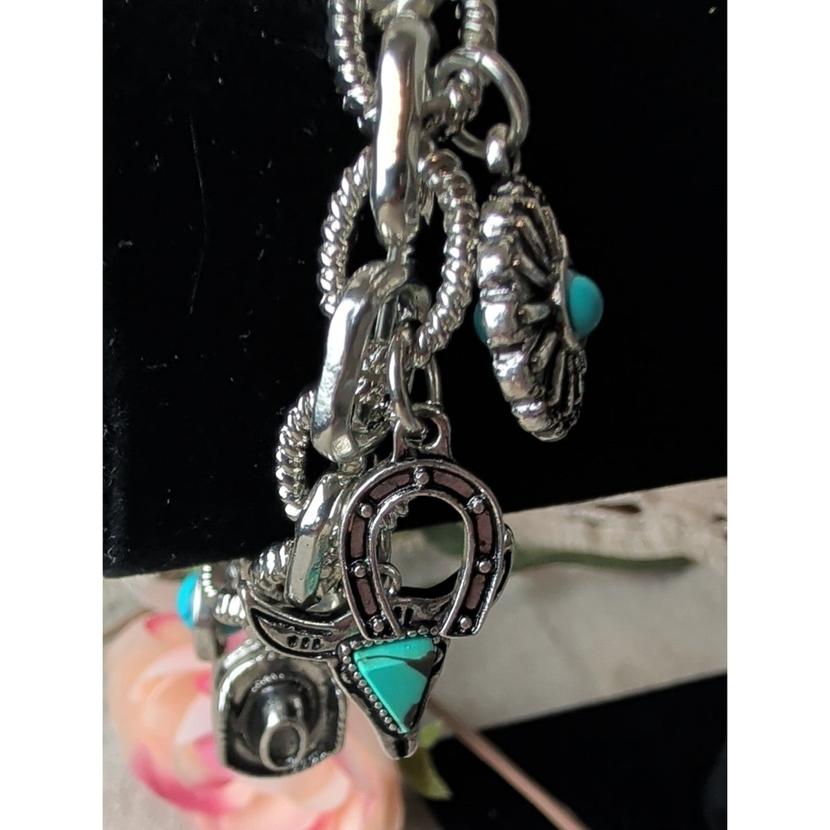 Atterie Western Charm Stretch Bracelet 7" Turquoise Color Cowboy Hat Horse