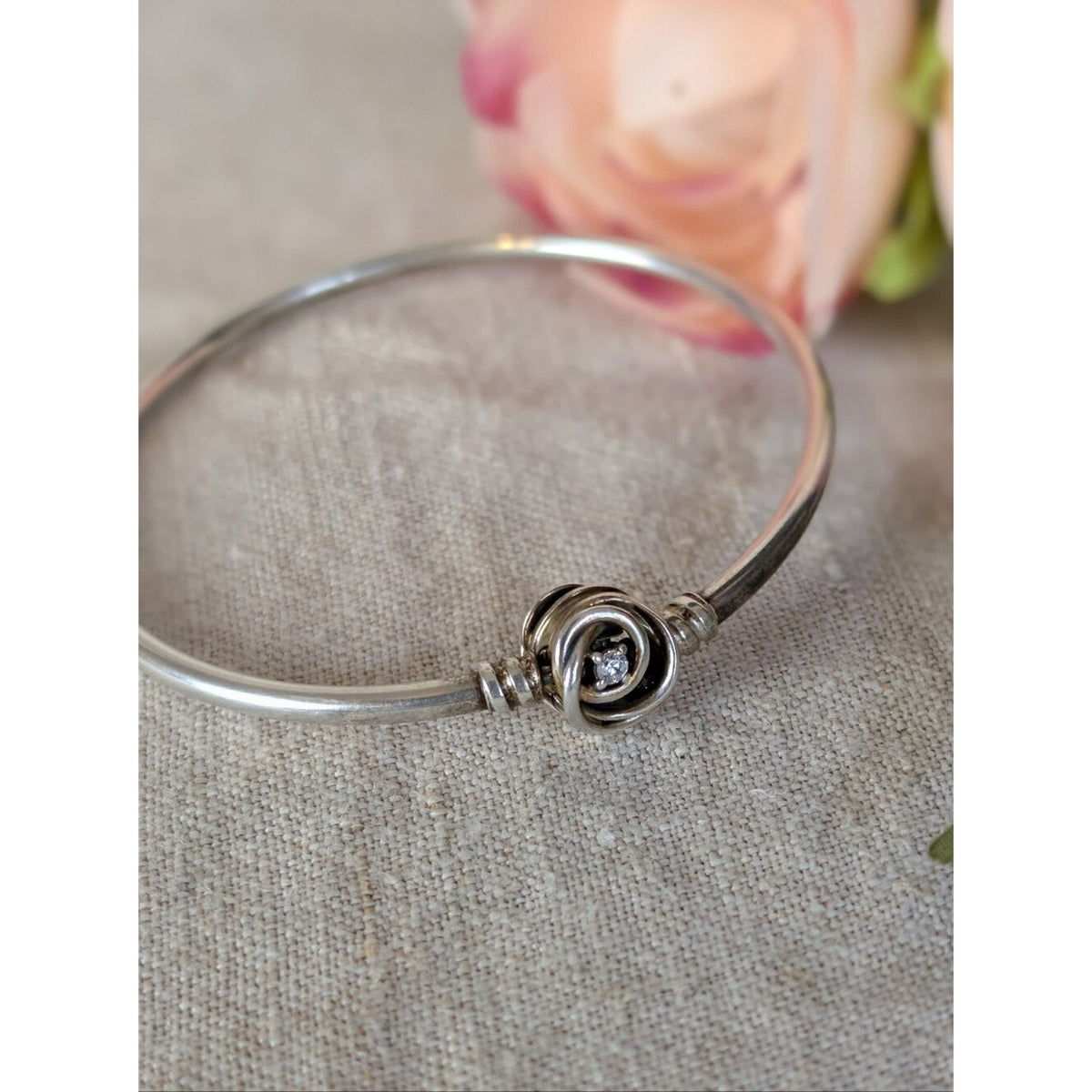 Pandora 925 Sterling Silver Swirl Knot Bangle Bracelet CZ Modern Minimalist