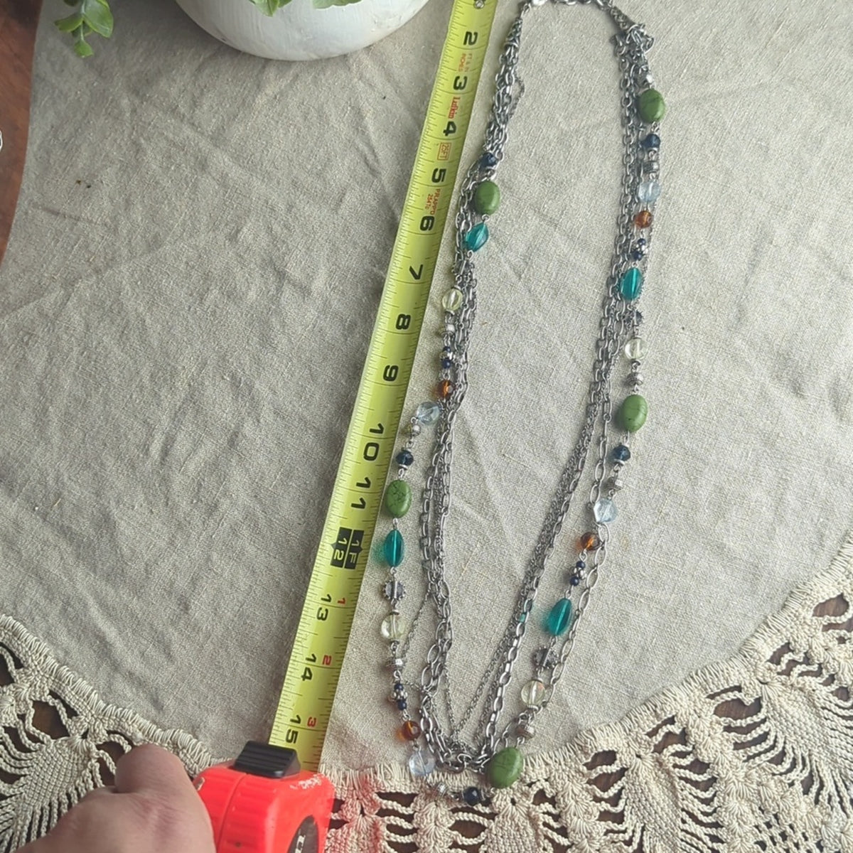 Boho Multi Strand Necklace Green Stone Bead Layered Artisan Style Earth Tone