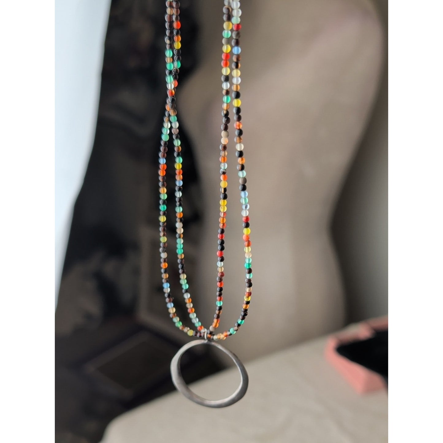 925 Sterling Silver Circle Pendant Necklace Double Strand Multicolor Seed Bead