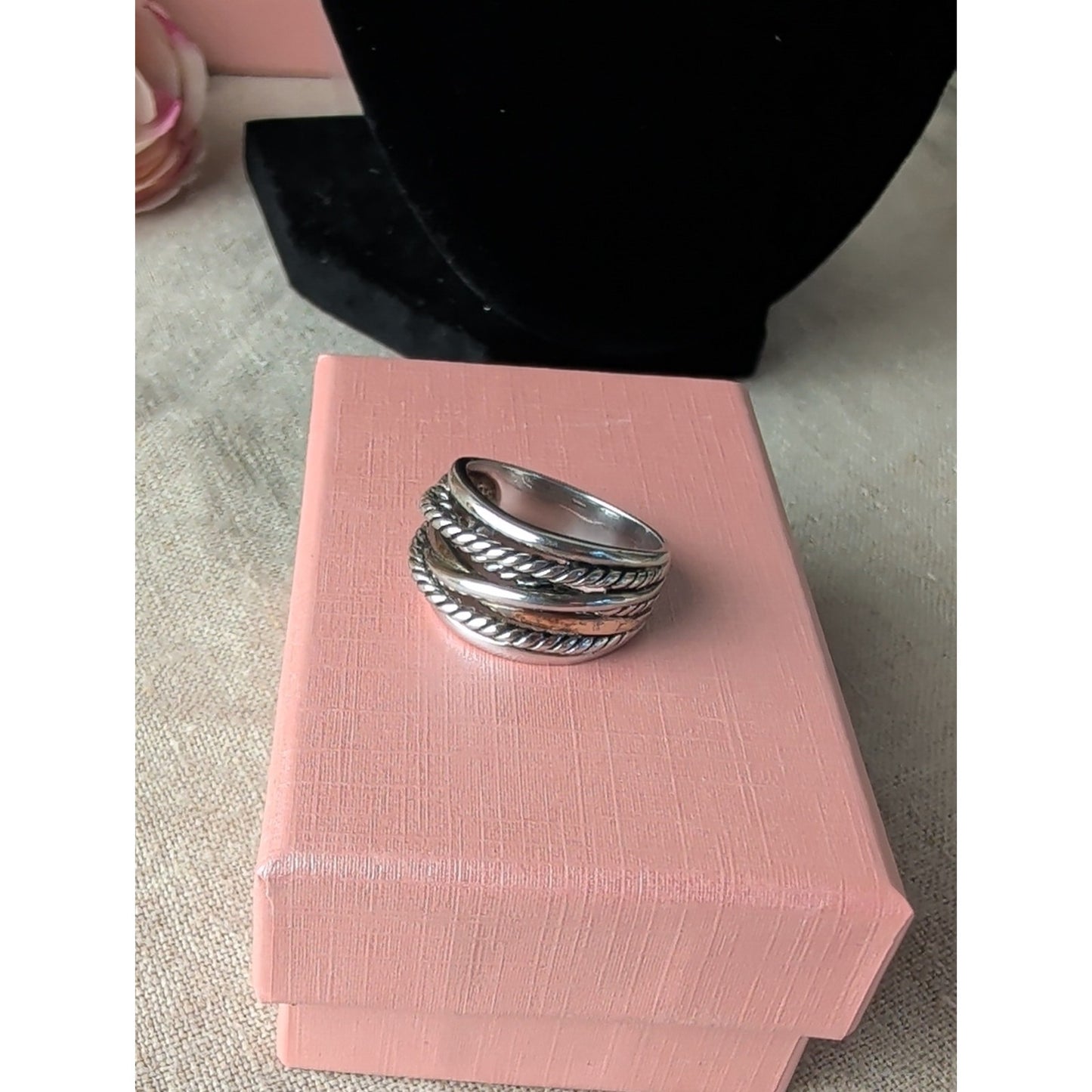 925 Sterling Silver 14K Gold Accent Ring Two Tone Wide Statement Band