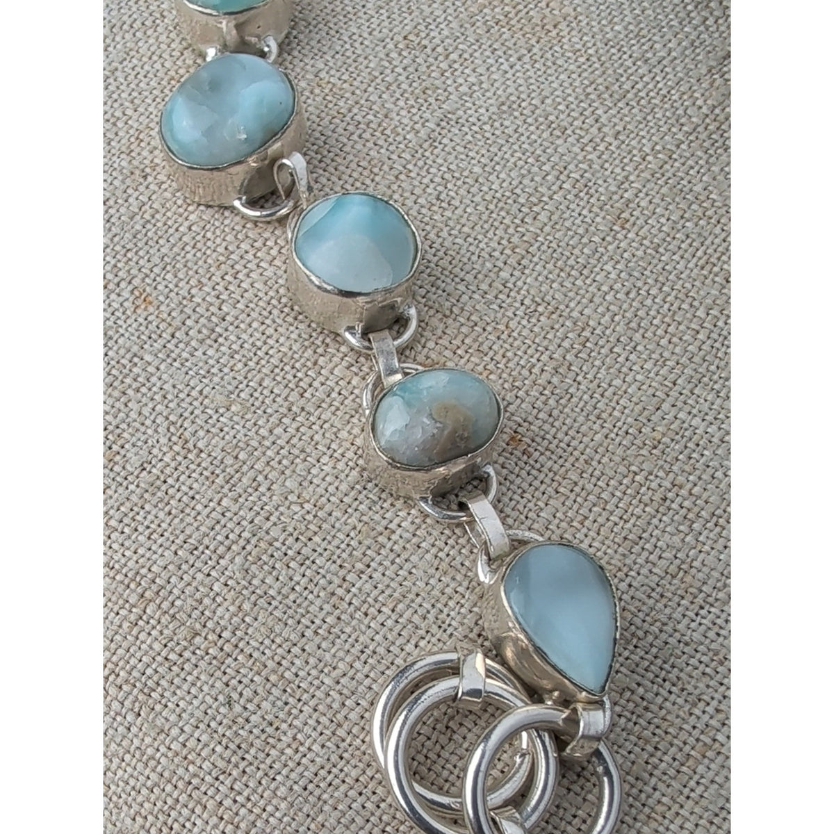 Vintage 925 Sterling Silver Blue Larimar Cabochon Bracelet Ornate Toggle