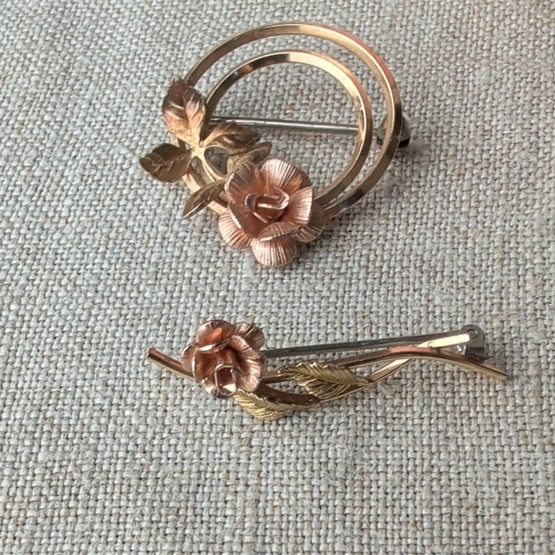 Vintage KREMENTZ Rolled Gold Rose Brooch Pin Set Floral Two Tone Jewelry