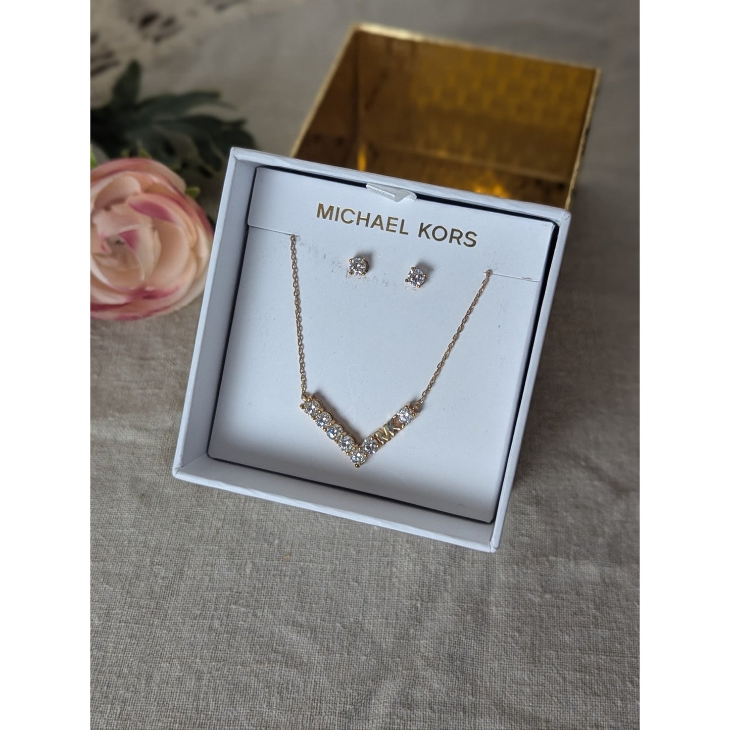 Michael Kors Rose Gold Necklace & Earrings Set  Crystal MK Pendant Jewelry