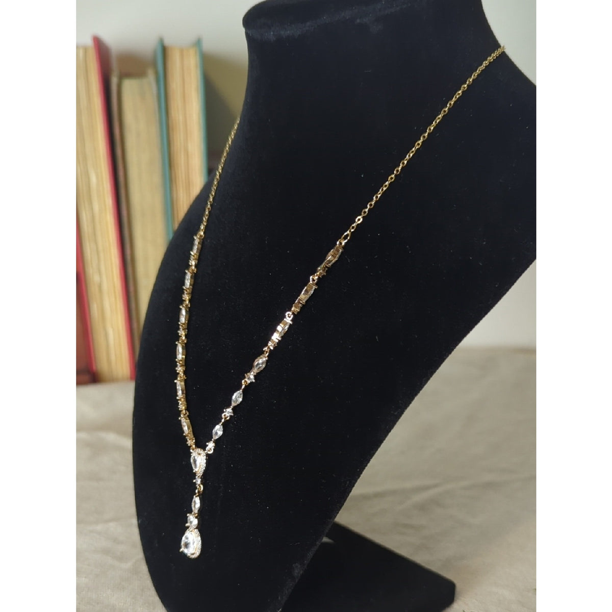 Gold Tone CZ Vine Drop Necklace  Soft Glam Bridal Inspired  Romantic Statement