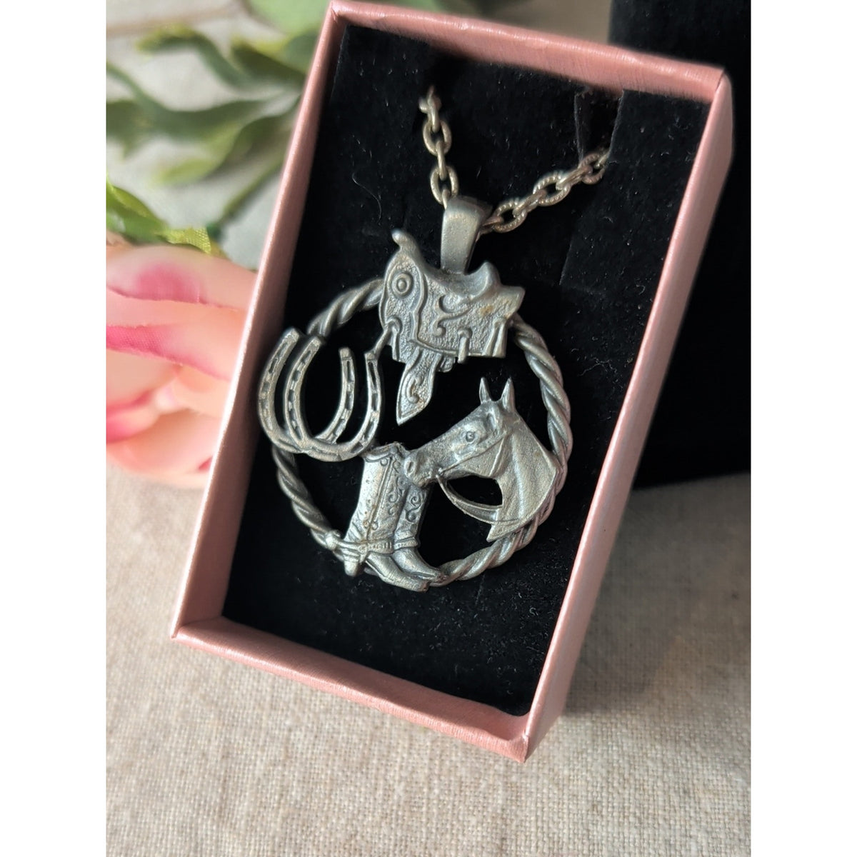 Western Horse Necklace Cowboy Boots Saddle Horseshoe Pewter Tone Pendant