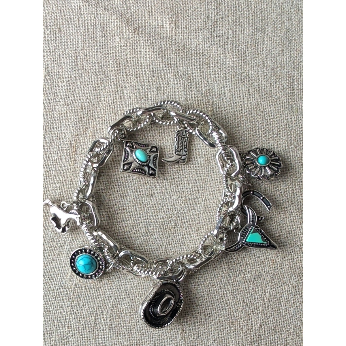 Atterie Western Charm Stretch Bracelet 7" Turquoise Color Cowboy Hat Horse