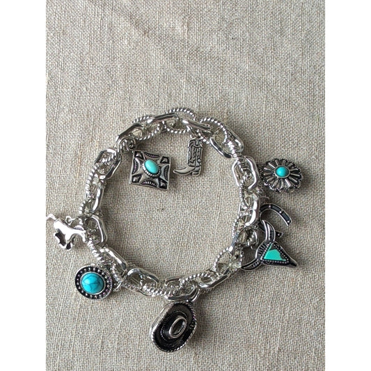 Atterie Western Charm Stretch Bracelet 7" Turquoise Color Cowboy Hat Horse