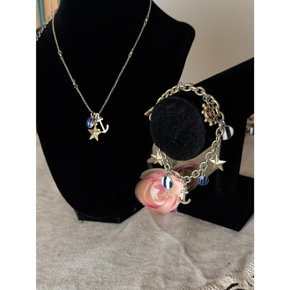 Lia Sophia Nautical Charm Necklace & Bracelet Set Coastal Prep Maritime Jewelry
