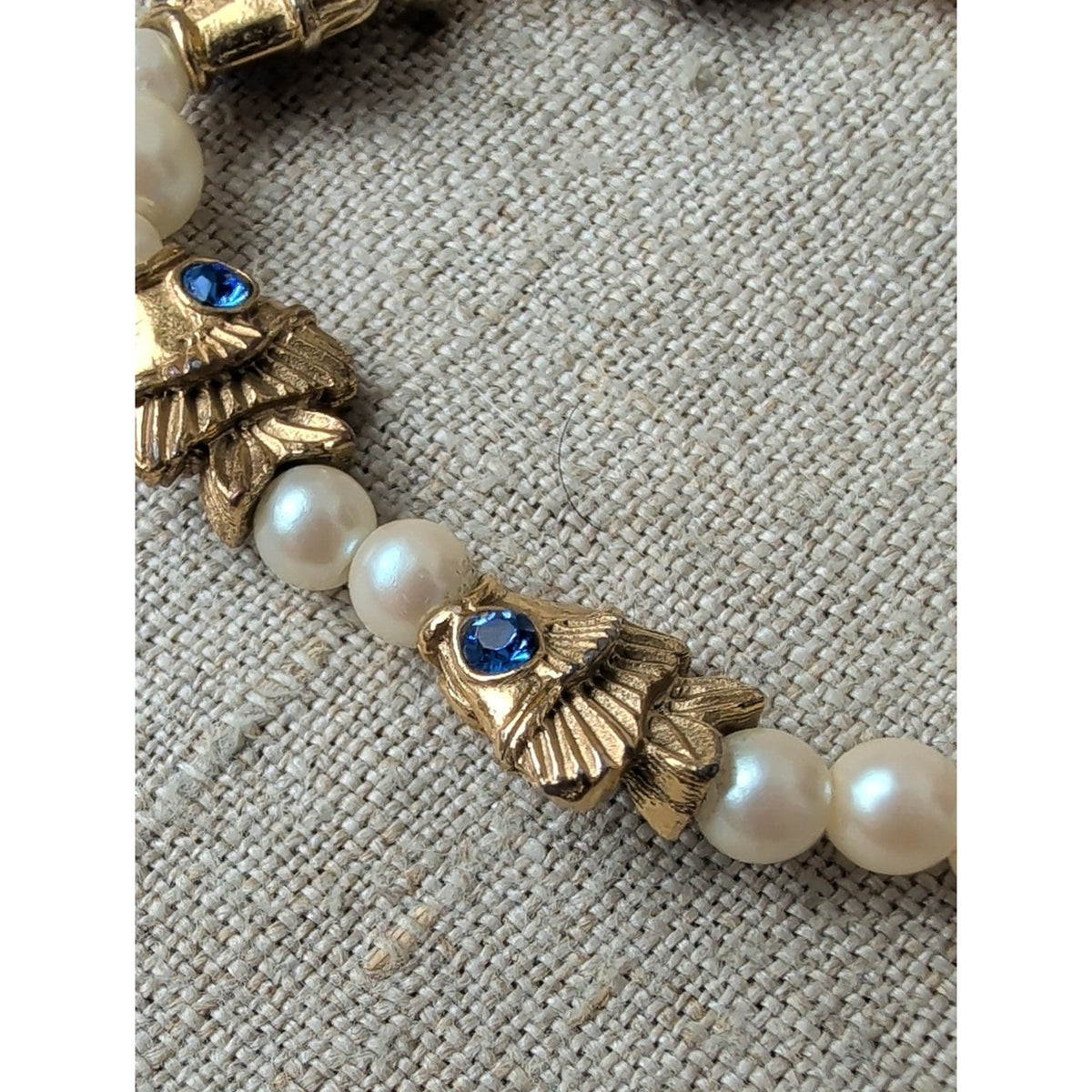 Vintage Figural Fish Faux Pearl Bracelet Sapphire Blue Rhinestone Gold Tone