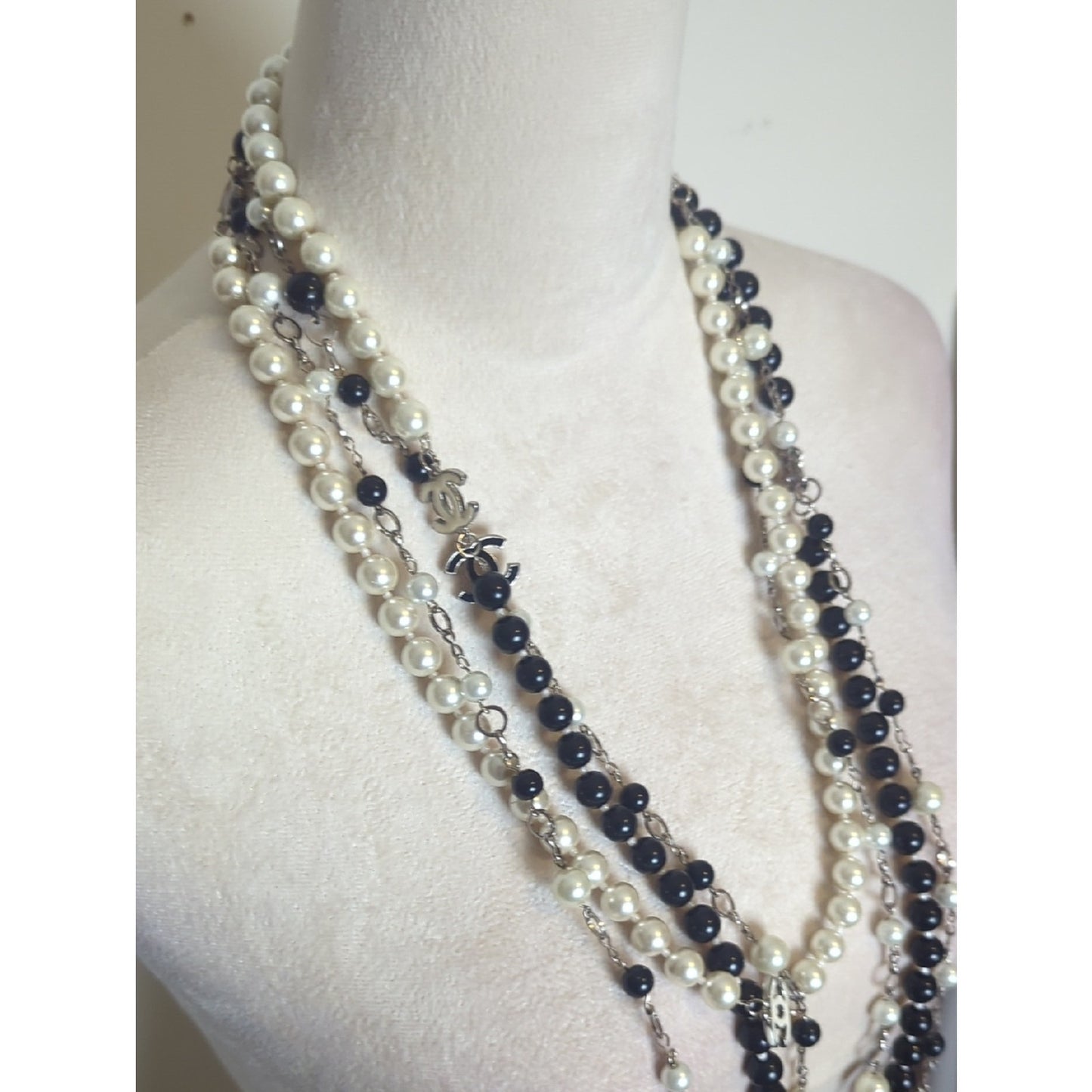Black & Ivory Pearl Statement Necklace Layered Long Beaded Statement Strand