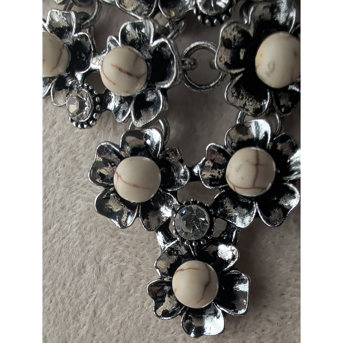 Victorian Style Floral Bib Necklace Antique Silver Tone Rhinestone Dark Romantic