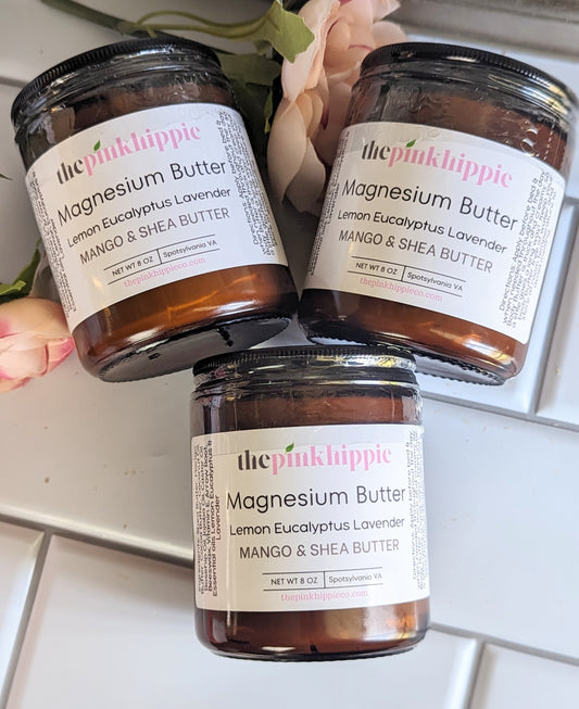 Melt Free Magnesium Butters with Tallow Essential oils Lemon Eucalyptus and Lavender & Unscented  Amber Glass-8 oz BPA Free