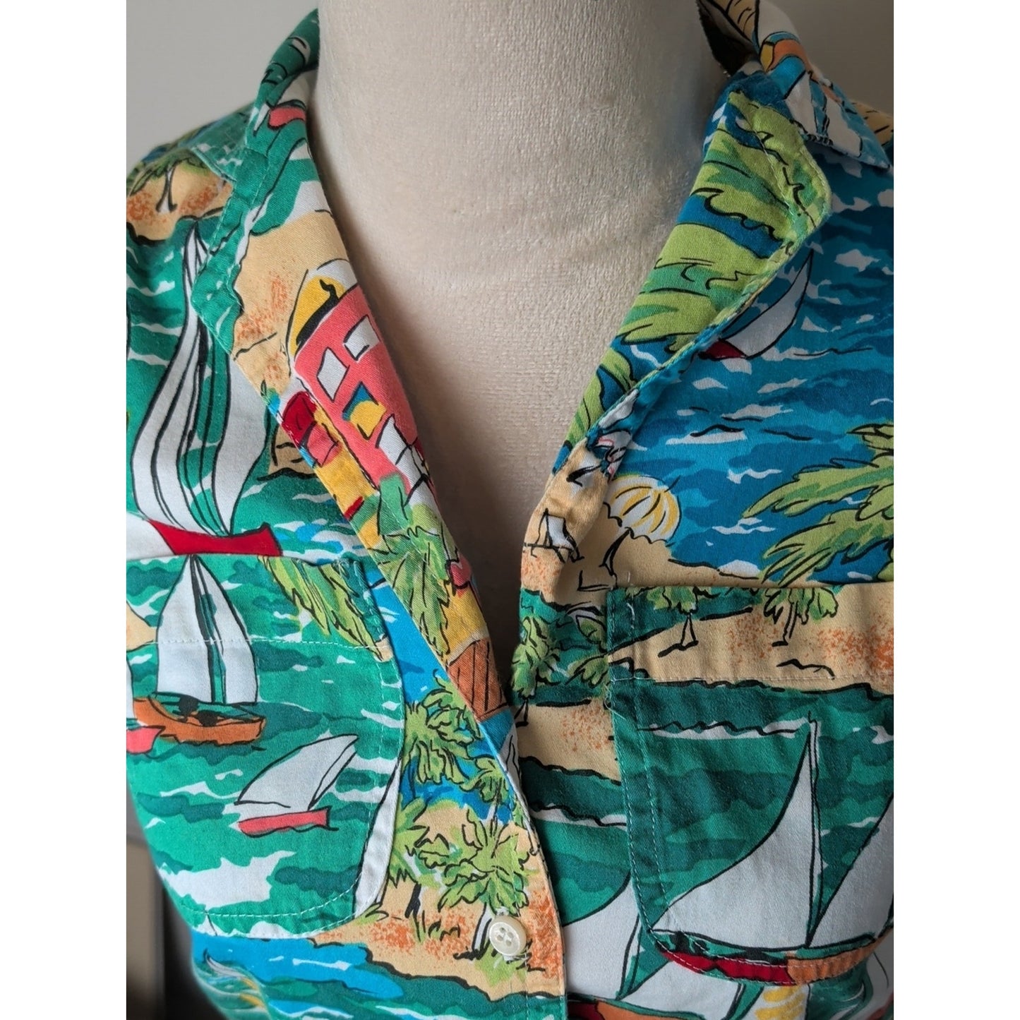 Vintage Bushwacker Sailboat Island Print Sleeveless Popover Top 90s Coastal