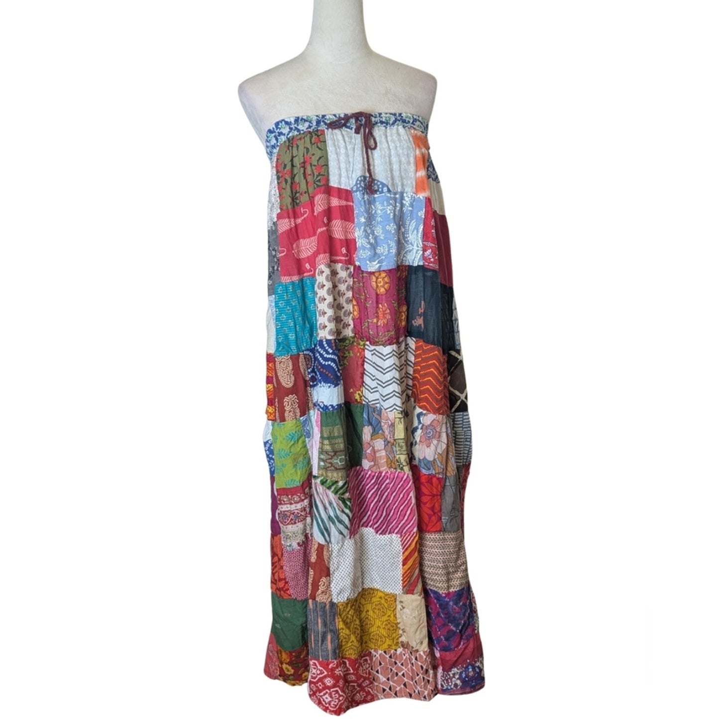 Vintage Patchwork Maxi Skirt or Strapless Boho Dress Cotton Festival Hippie