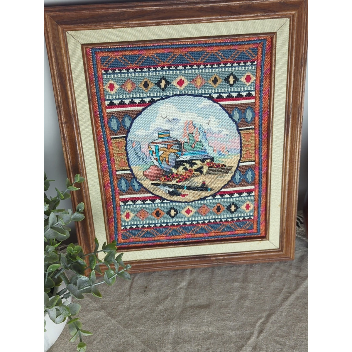 Vintage Southwestern Needlepoint Art Desert Still Life Pottery Scene 11x13