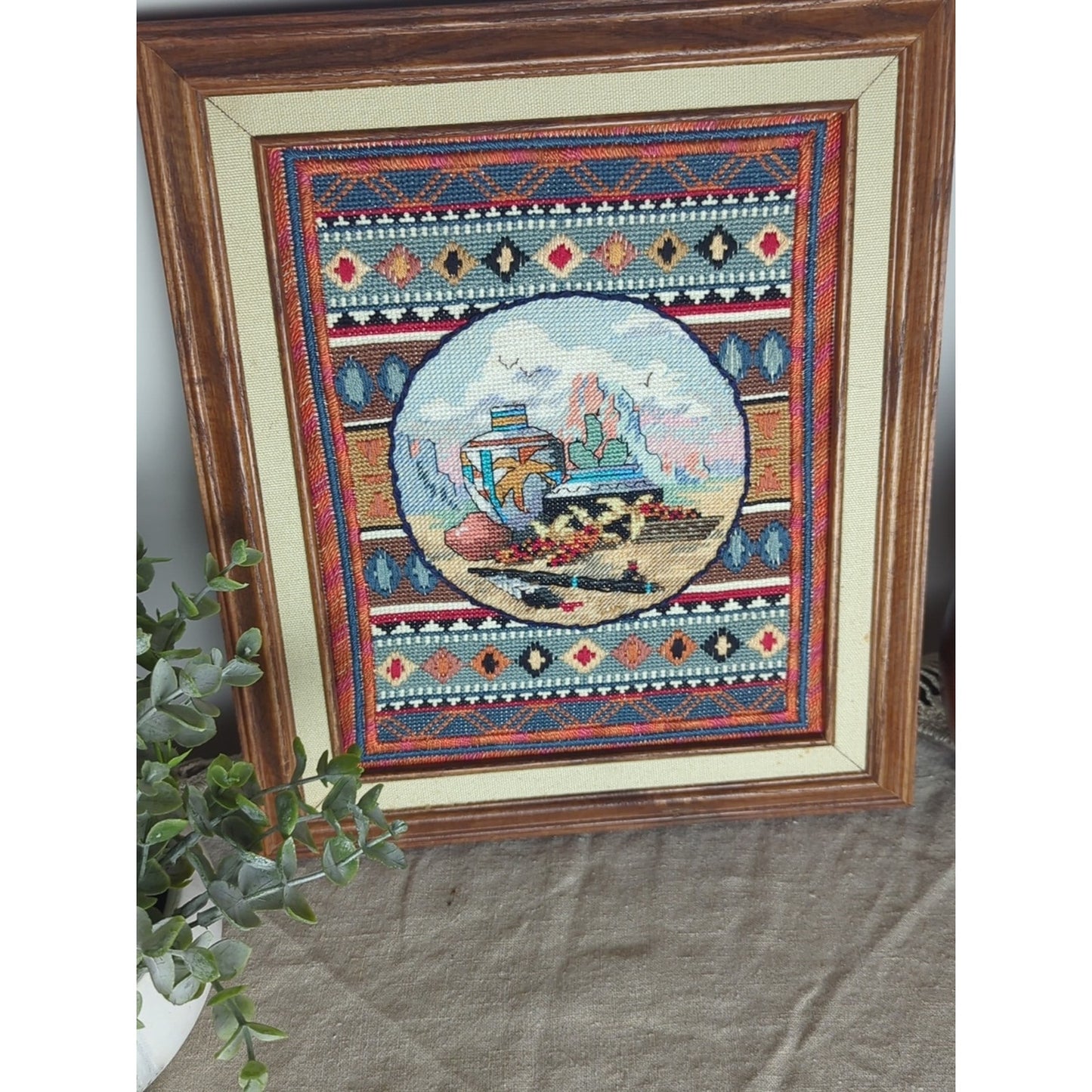 Vintage Southwestern Needlepoint Art Desert Still Life Pottery Scene 11x13