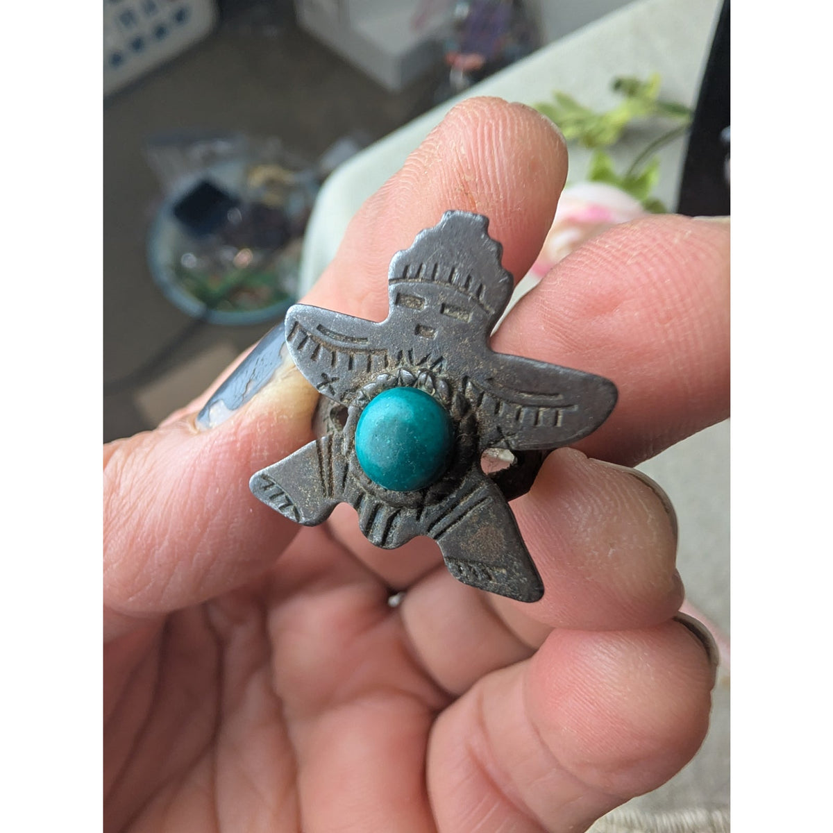 Vintage Fred Harvey Era Maisel's Indian Trading Post GREEN Turquoise Kachina Ring 4g