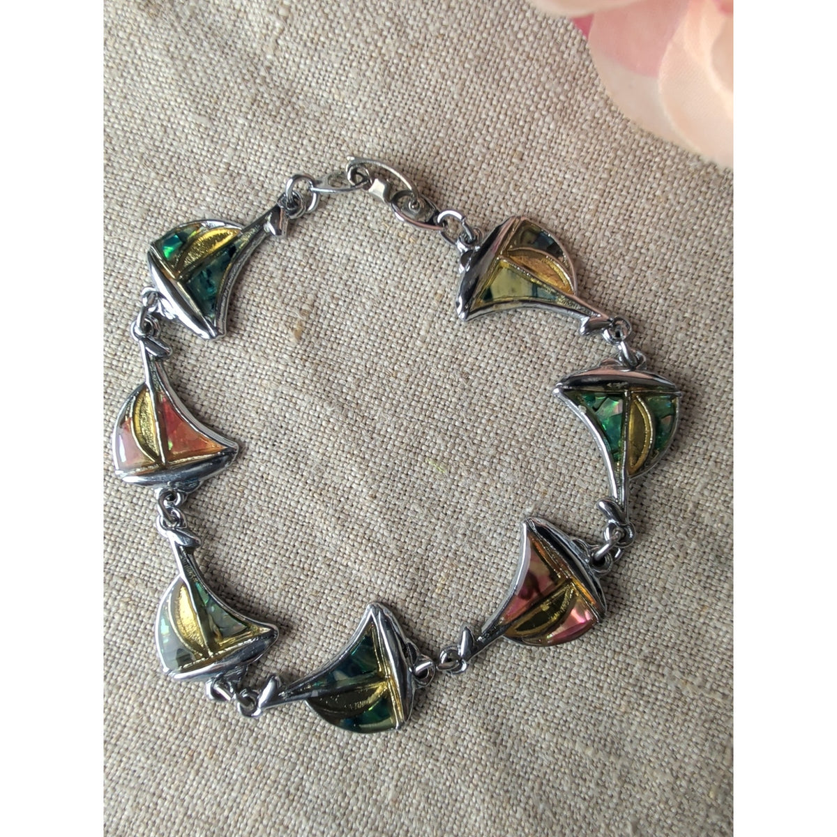 Vintage Silver Tone Sailboat Abalone Inlay Link Bracelet 7.5".