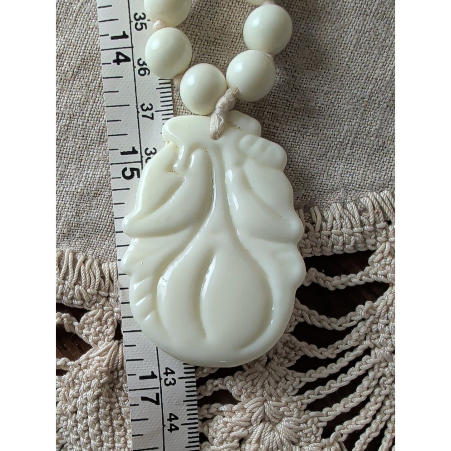 Vintage Milk Glass Carved Floral Pendant 60s/70s Knotted Bead Necklace