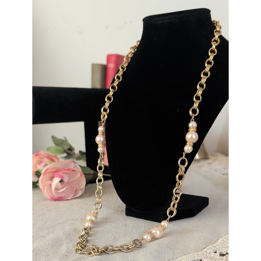 Mid Century Modern Gold Tone Faux Pearl Necklace Retro Glam