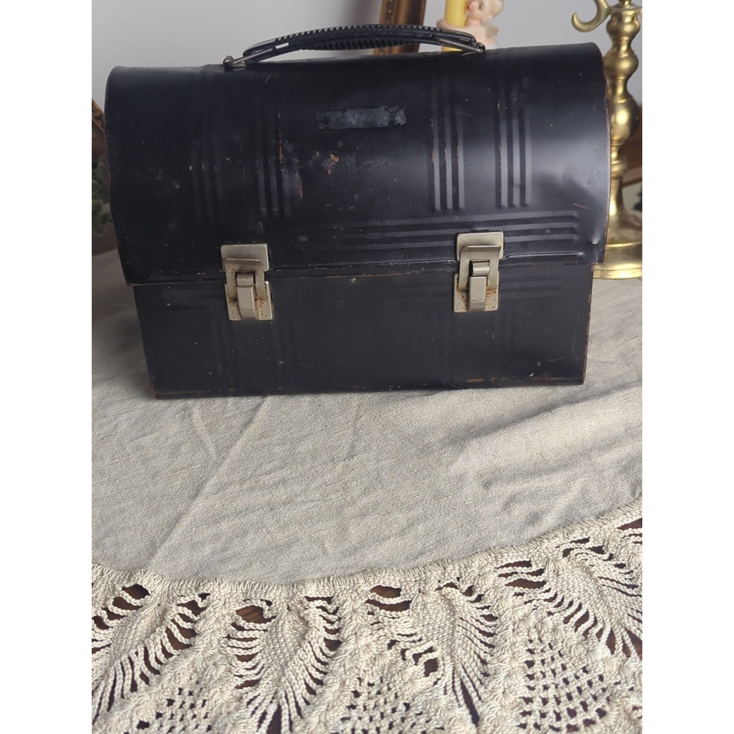 Vintage Metal Lunch Pail Retro Aladdin Black Metal Lunch Box Mid Century