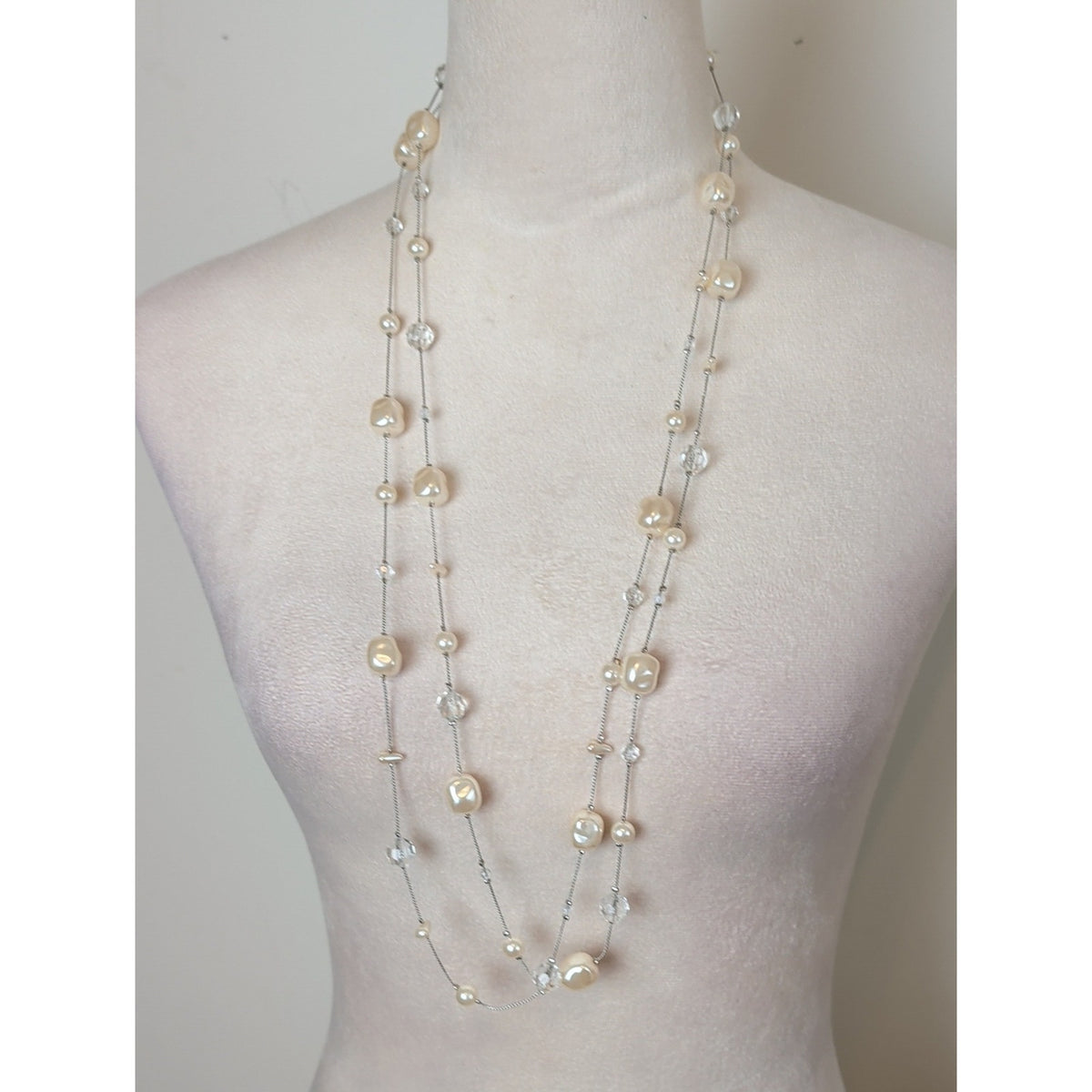 Vintage Opera Length Faux Pearl & Glass Crystal Necklace Romantic Coquette