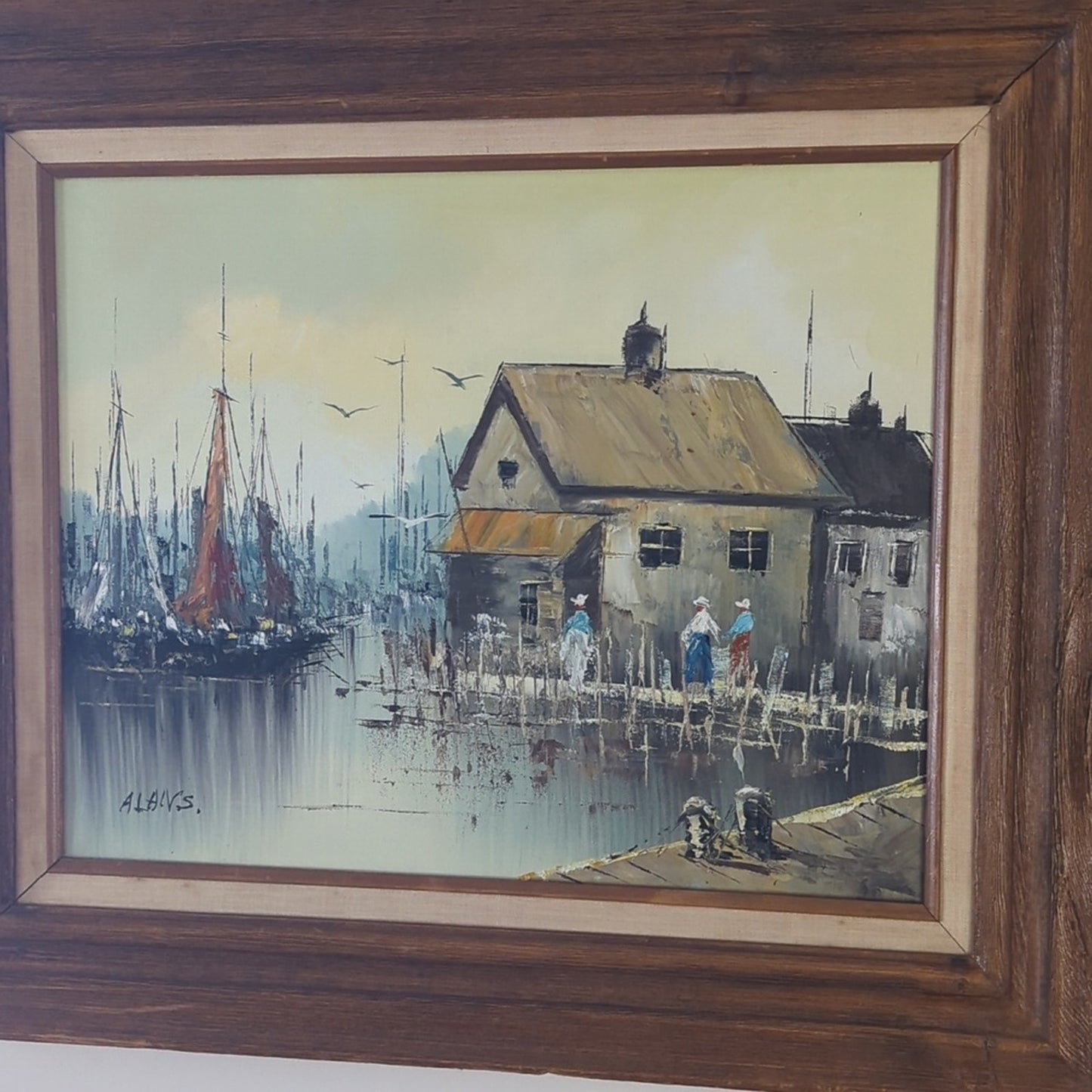Vintage Harbor Village Oil Painting on Canvas Signed Framed Coastal European