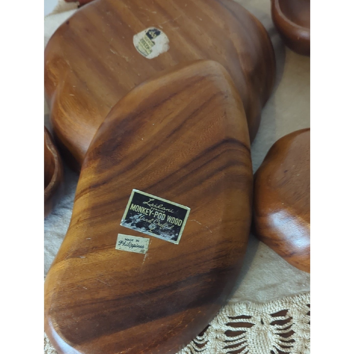 Vintage Monkey Pod Wood Serving Set 6 Pc Hand Carved Bowls + Platter