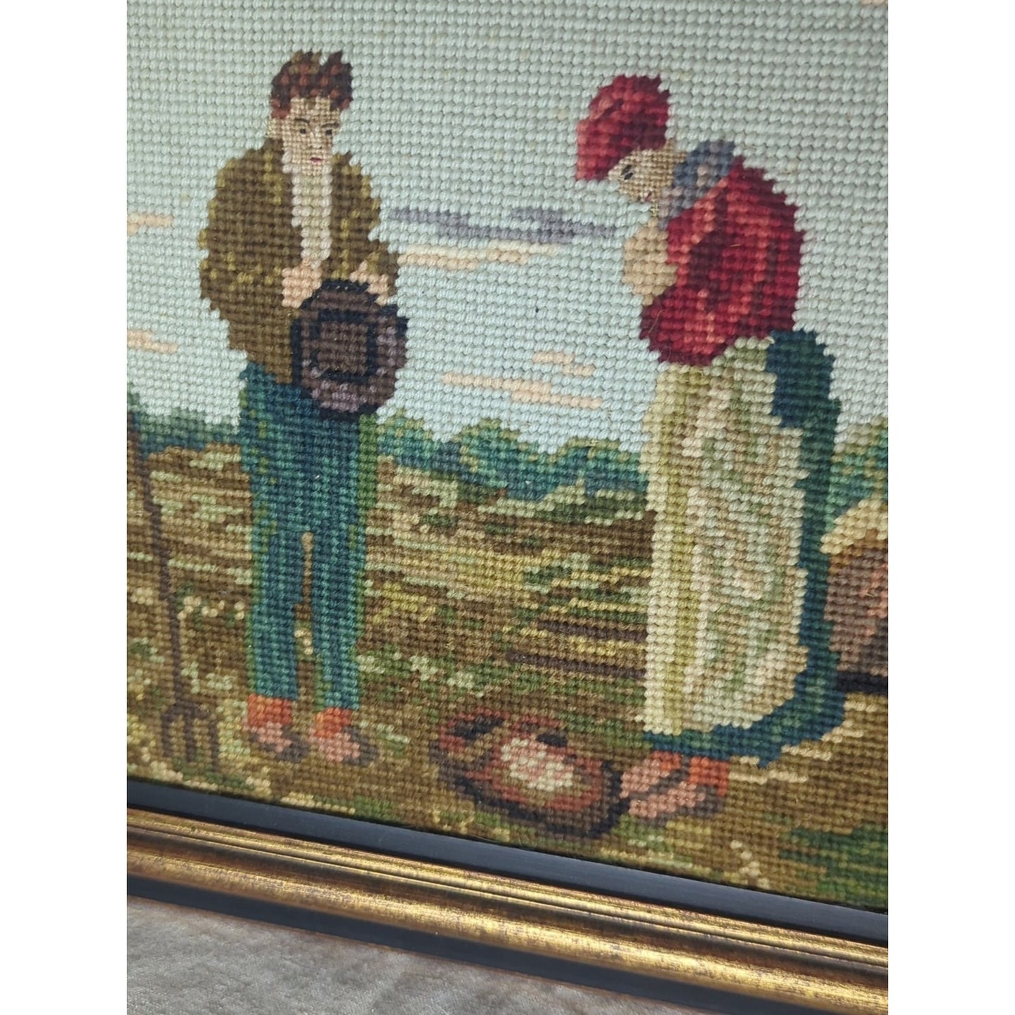 1960s Vintage Handmade Needlepoint Prayerful Farm Couple After Artist Millet