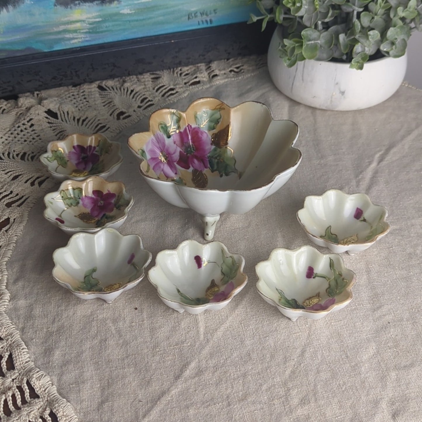Vintage Made in Japan Porcelain Relish Server Set 3-Footed Bowl & 6 Floral bowls