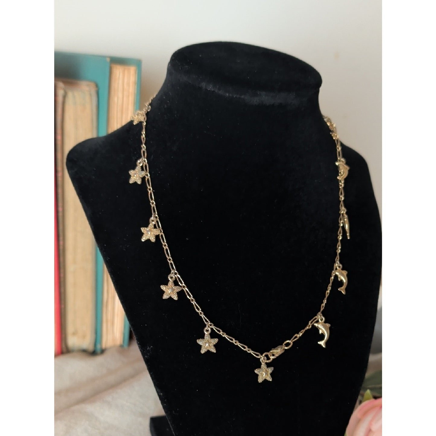 Vintage Dolphin & Star Charm Necklace Gold Tone Coastal Y2K Bracelet / Anklet