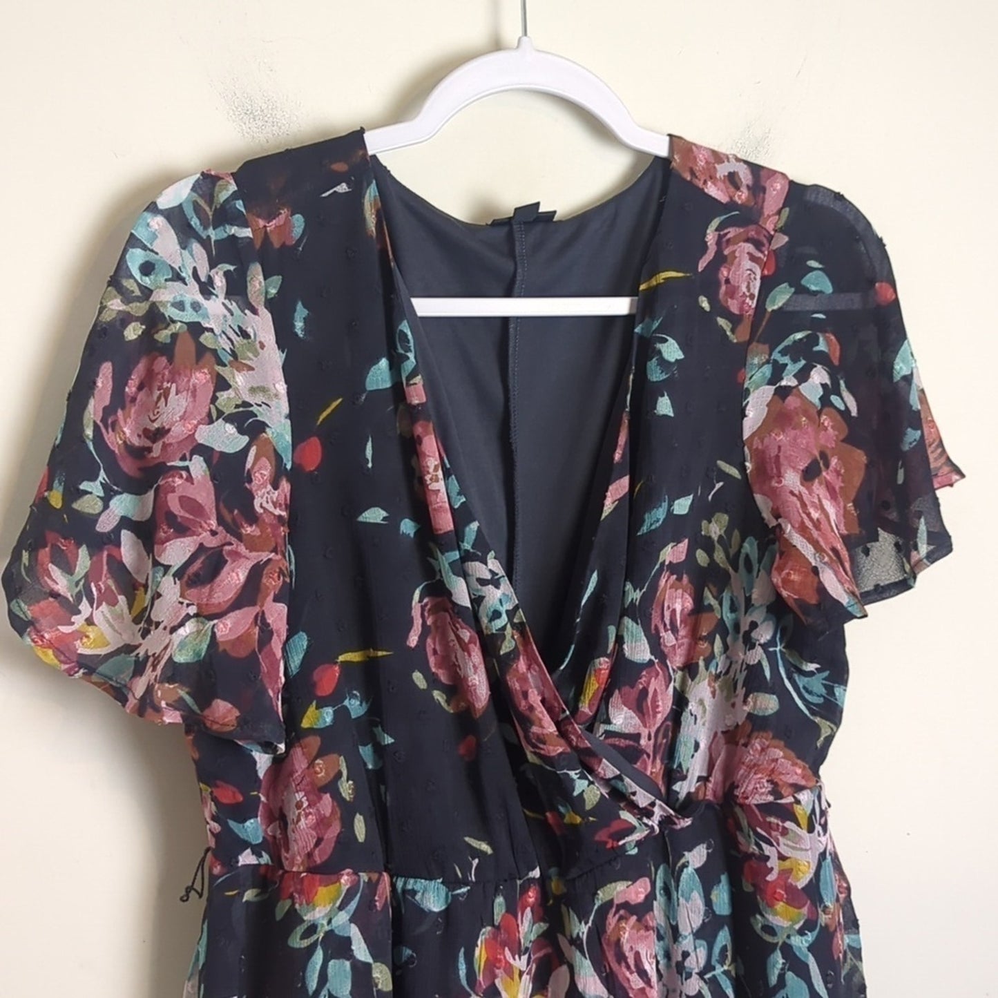Dark Romantic Faux Wrap Dress High-Low Swiss Dot Floral Dark Grey Size M/L