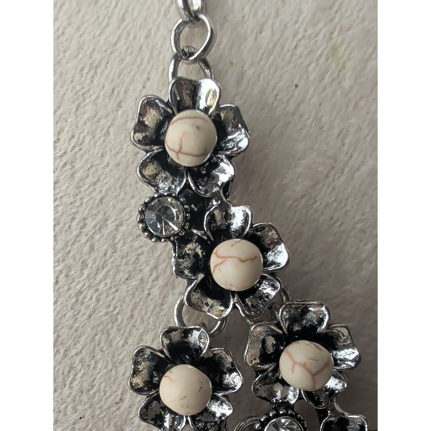 Victorian Style Floral Bib Necklace Antique Silver Tone Rhinestone Dark Romantic