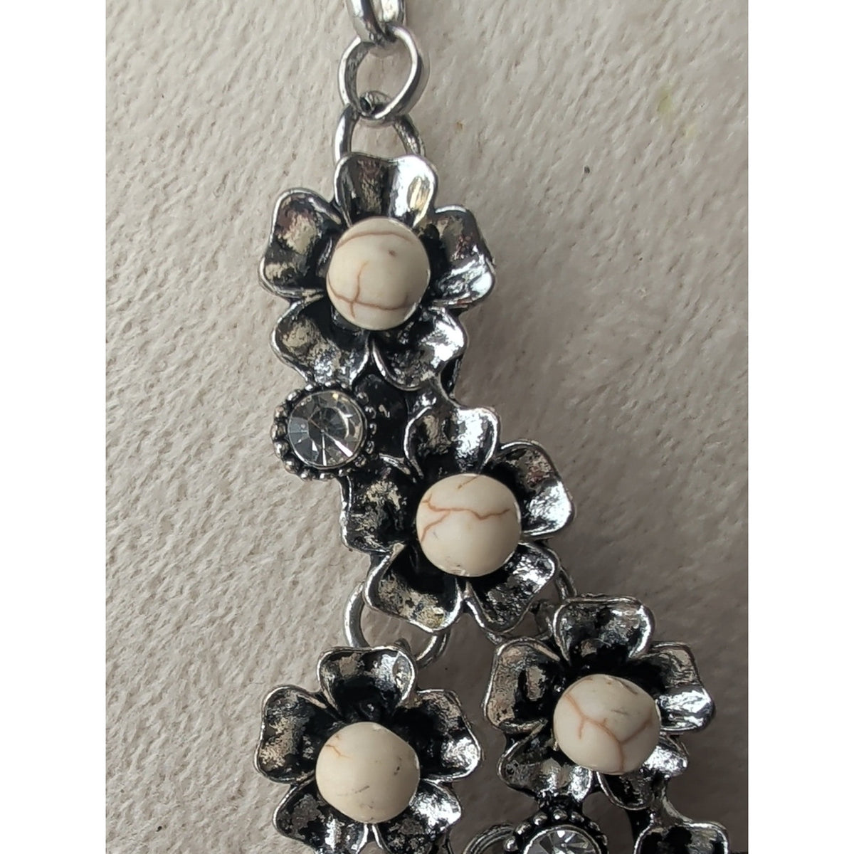 Victorian Style Floral Bib Necklace Antique Silver Tone Rhinestone Dark Romantic