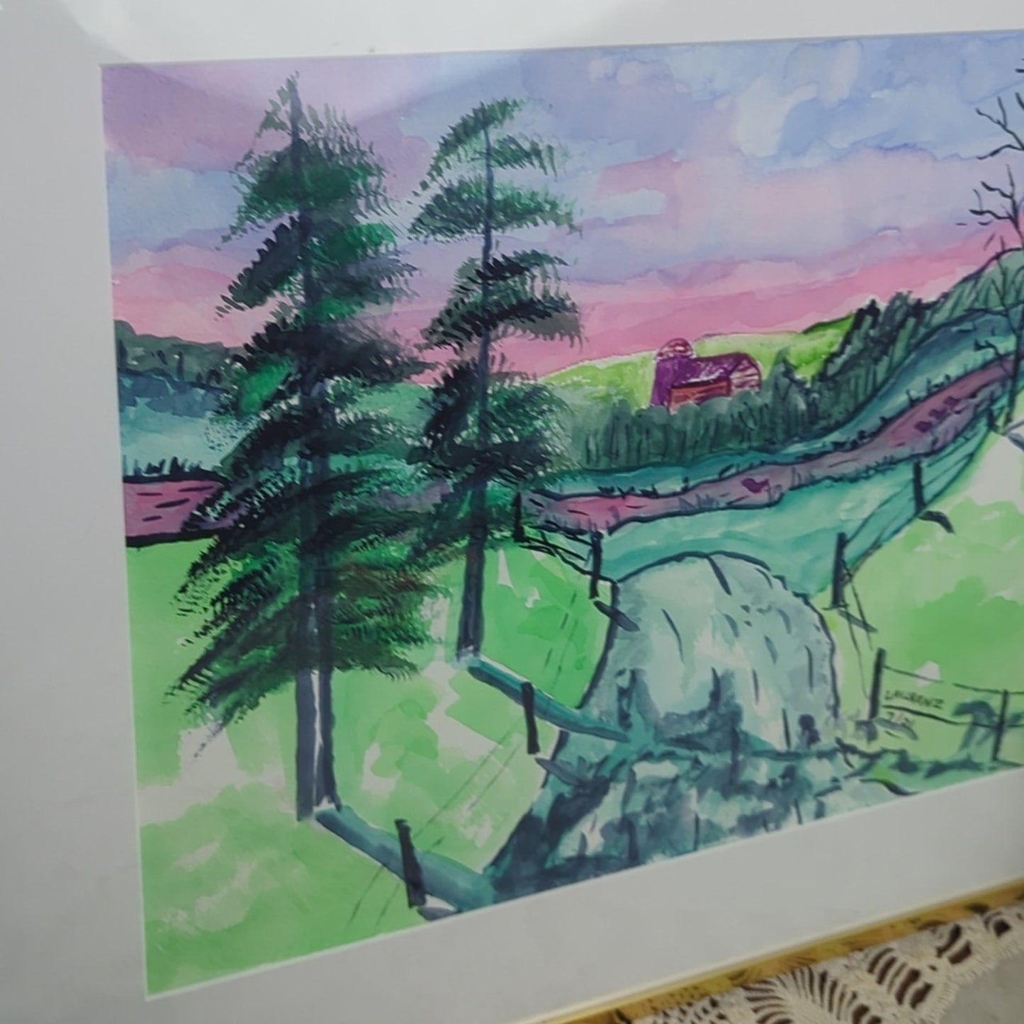 Original Watercolor Landscape Painting Framed Countryside Art Signed Laarenz