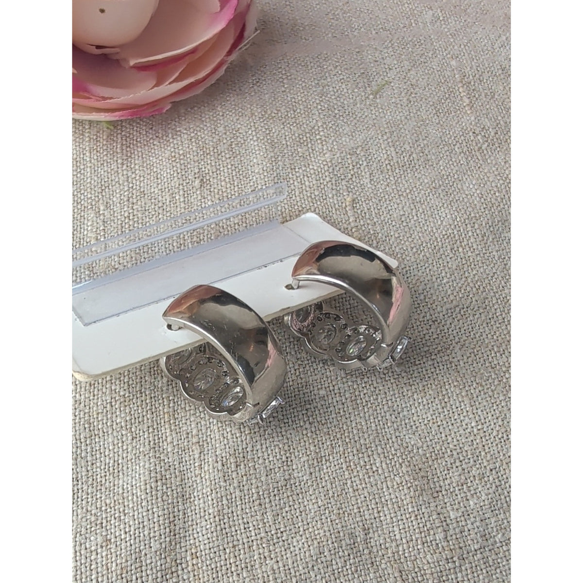 Côte d’Argent Sterling Silver CZ Huggie Hoop Earrings Vintage Bridal Sparkle